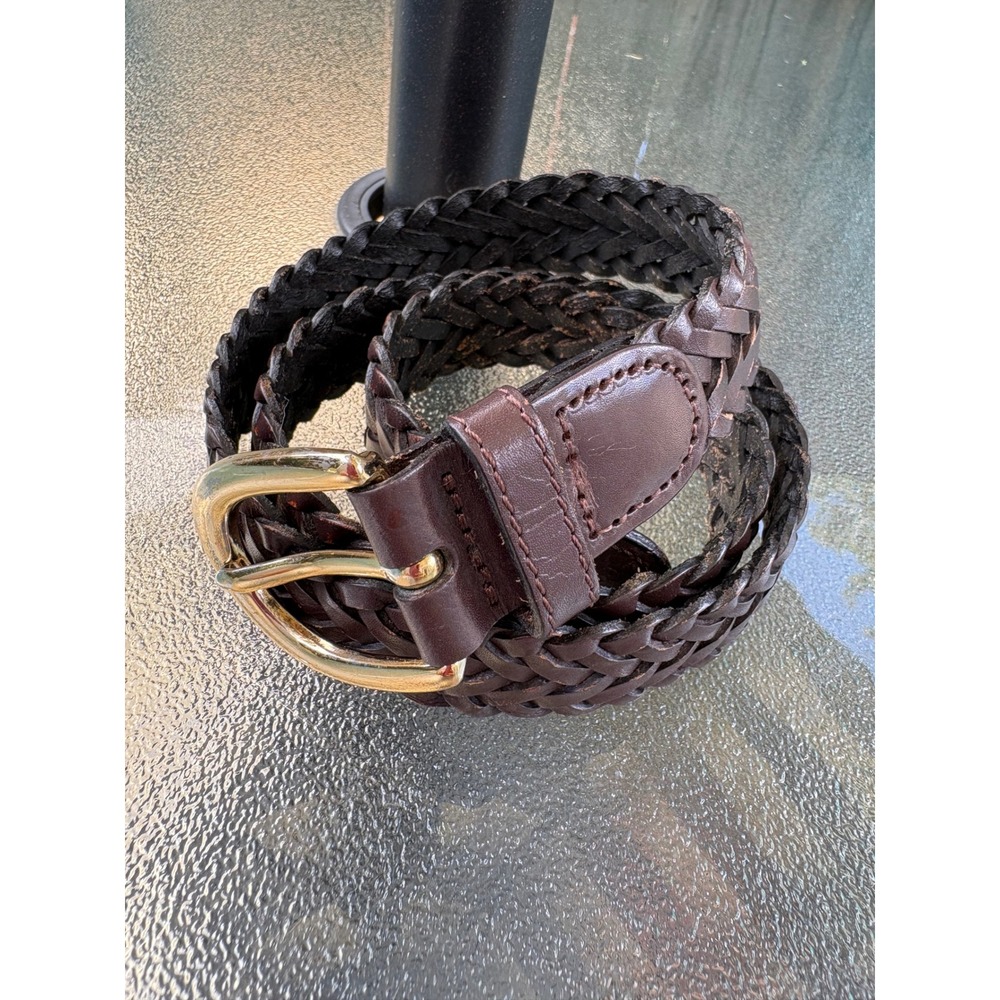 Dark Brown Braided Genuine Leather Belt Gold Tone Buckle Size L 28-30 31412
